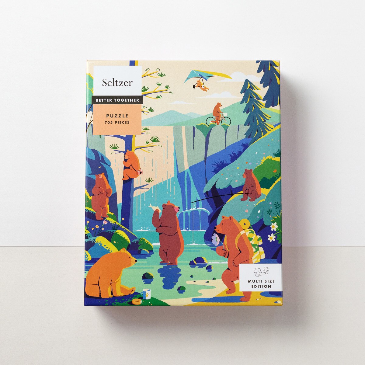 Puzzle of cartoon bear relaxing next to a waterfall